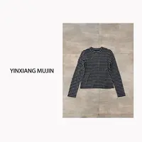 【YINXIANG MUJIN】条纹针织T恤 秋冬长袖小衫套头细羊毛混纺上衣