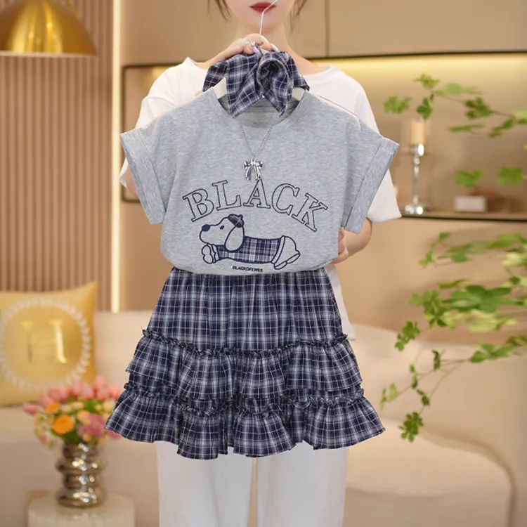 【闺蜜家】女童2025夏季新款时尚字母卡通短袖T恤格子短裙套装-8296