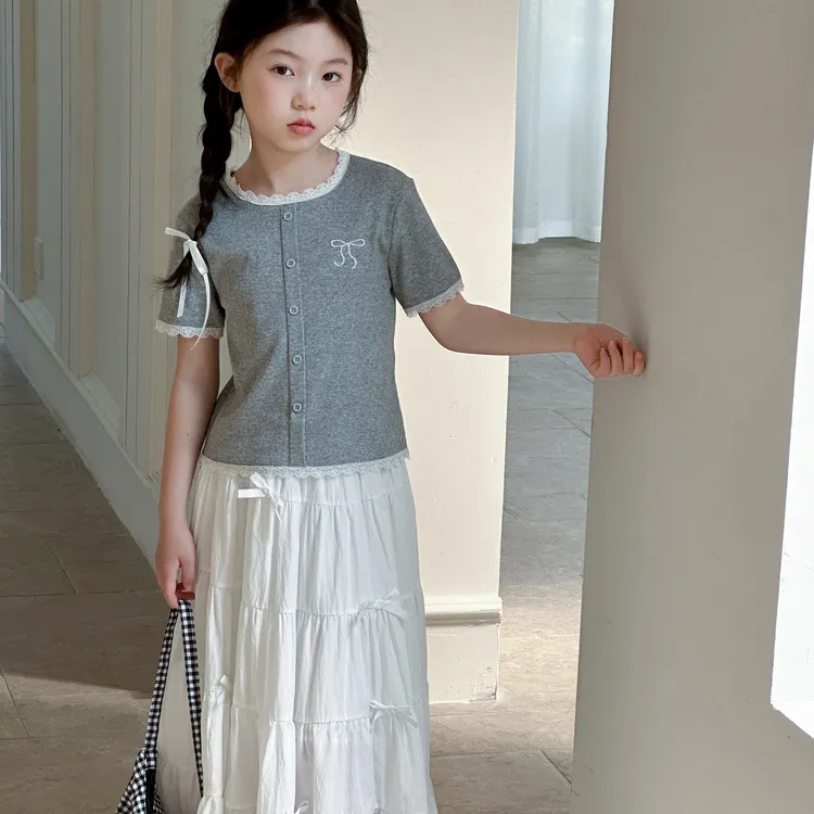 2025新款夏季女童灰色花边短T白色蝴蝶结长裙甜美公主套装