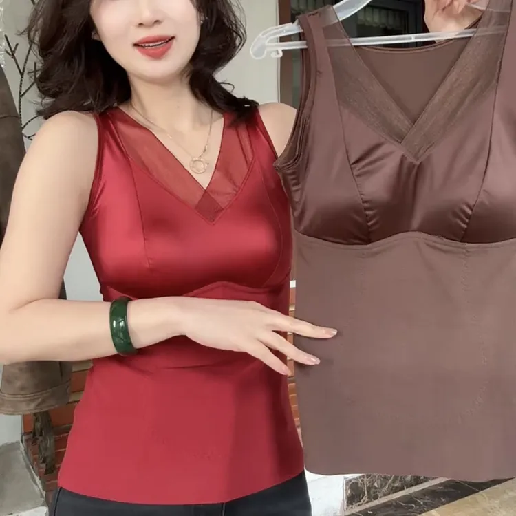 羽绒蚕丝贴片加厚保暖内衣无钢圈一体固定杯免穿文胸修身保暖背心