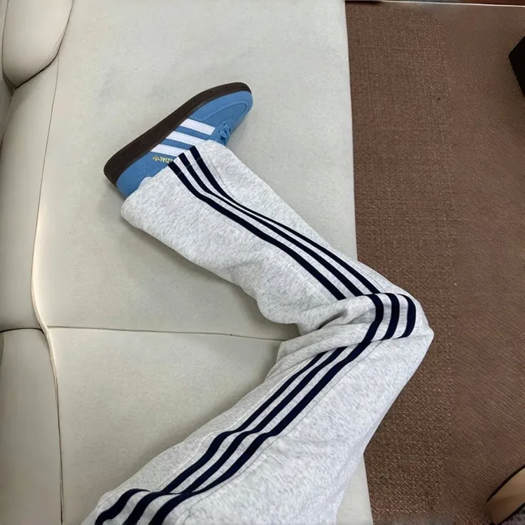 白花灰色三条杠裤子男款秋冬季宽松直筒运动卫裤重磅条纹休闲裤