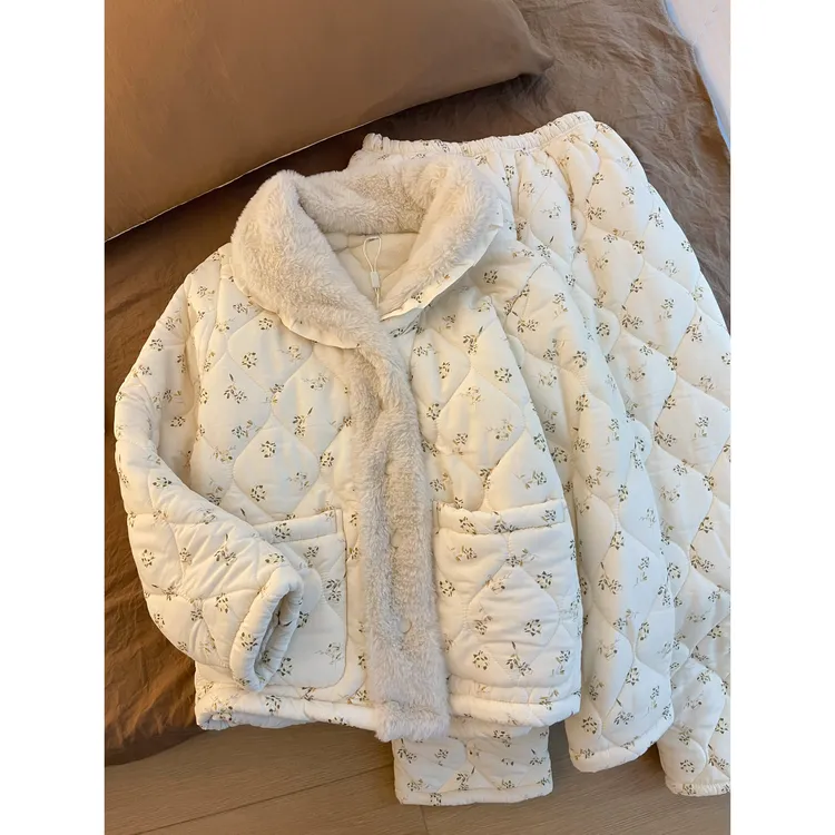 软糯甜美毛绒绒碎花夹棉睡衣女秋冬季新款长袖长裤保暖家居服套装