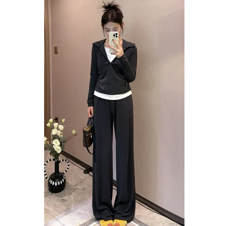 连帽上衣休闲阔腿裤早秋显瘦女装套装别致清新小众洋气酷拽设计感