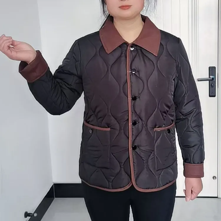 长袖纯色POLO领常规保暖棉服棉衣外套加厚女士中老年小棉菱格