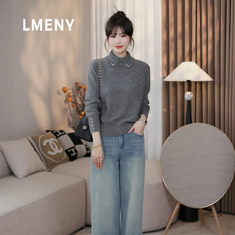 LMENY“星河月影”自带滤镜~亮片翻领绵羊毛钉珠毛衣25DM021