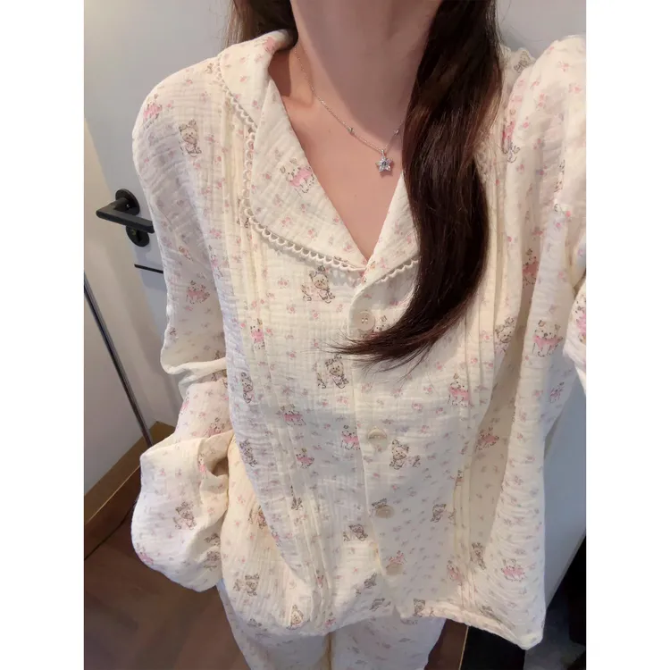 韩版可爱卡通碎花小狗棉纱睡衣女春秋款可外穿家居服长袖长裤套装
