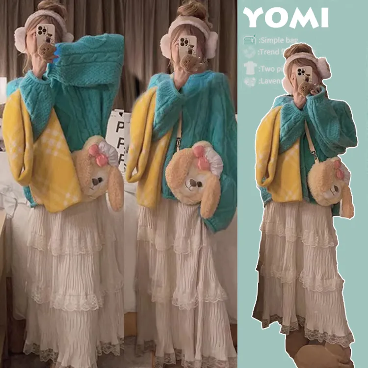 孕妇装2025秋冬爆款时尚复古麻花韩系宽松毛衣蕾丝拼接蛋糕裙套装