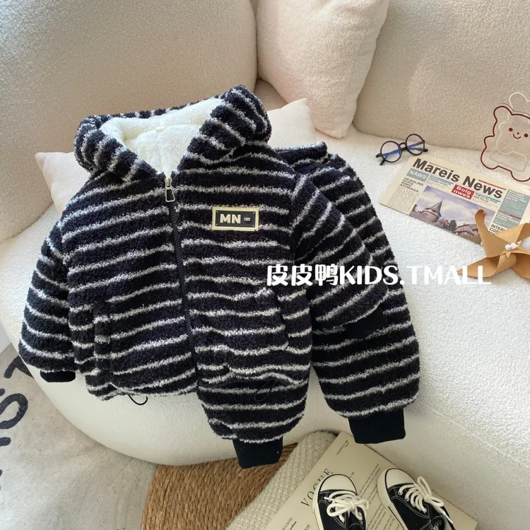 儿童家居服套装冬装2024条纹男女童新款冬季加绒加厚保暖中小童潮