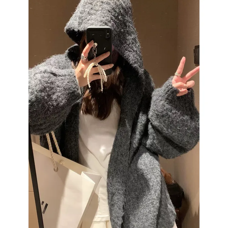 美拉德连帽毛衣开衫女秋新款厚宽松中长款加厚保暖慵懒风外套2661