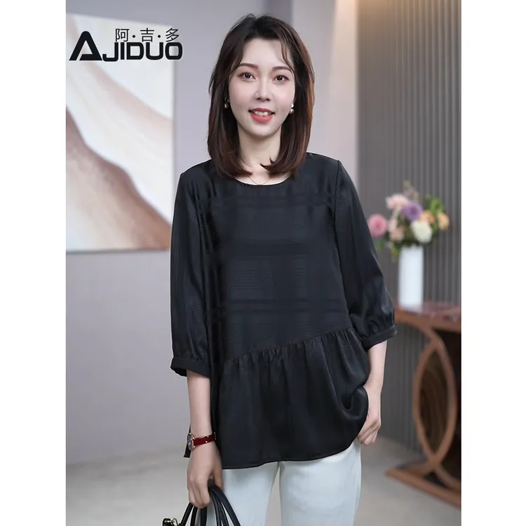 下摆不规则拼接上衣女2025夏季新款小衫大码七分袖黑色提花衬衫