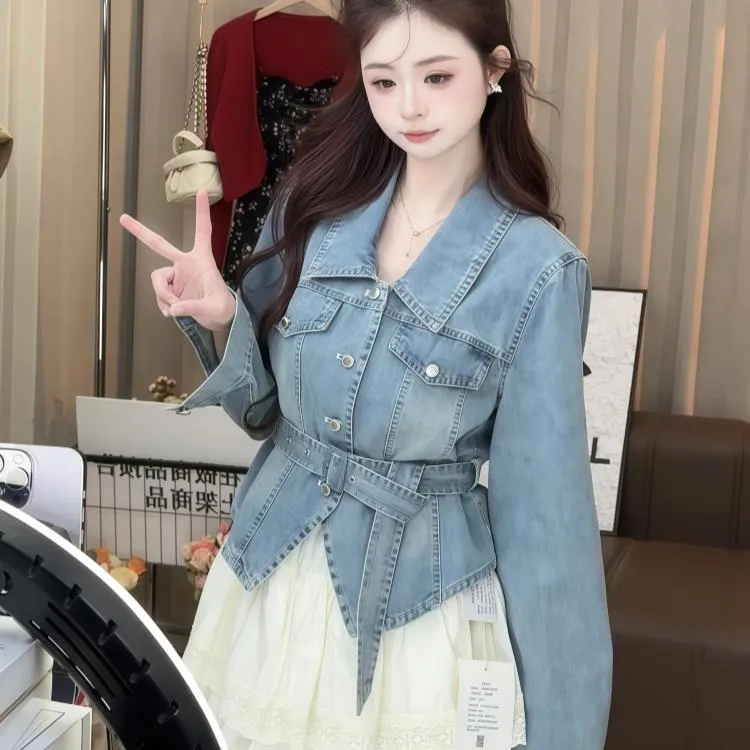 2025春秋季新款复古收腰显瘦牛仔外套上衣女松紧腰蕾丝短裙两件套