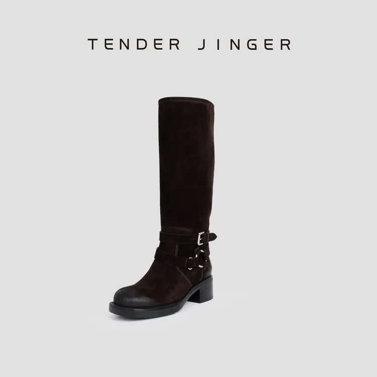 Tender Jinger秋冬反绒粗跟擦色复古金属扣长靴M250620