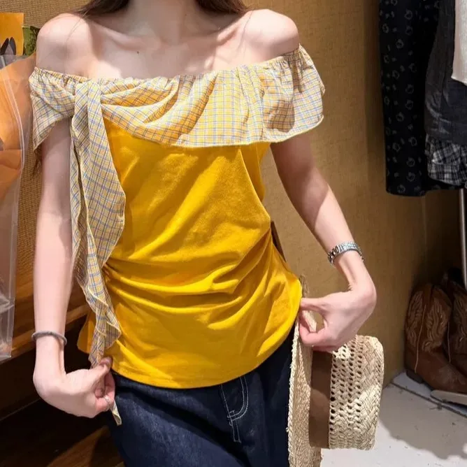 全网爆款夏季新款纯欲风别致一字肩格子撞色收腰显瘦短袖上衣女装