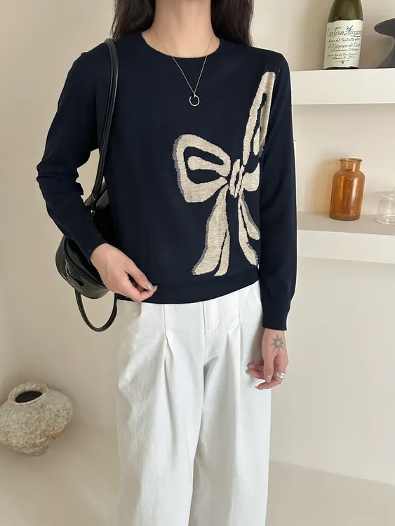 超细美利奴羊毛混纺新款时尚圆领提花蝴蝶结百搭简约针织长袖女