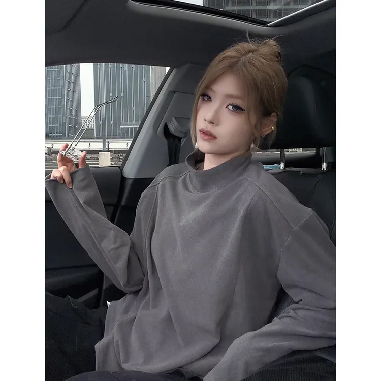 裁片解构内搭半高领长袖T恤男秋冬新款保暖宽松青少年德绒打底衫