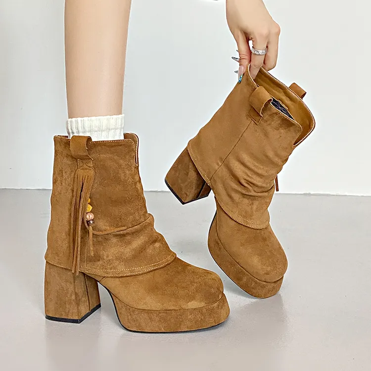 厚底流苏短靴女马丁靴2025秋冬新款气质圆头粗跟裤管靴复古高跟靴