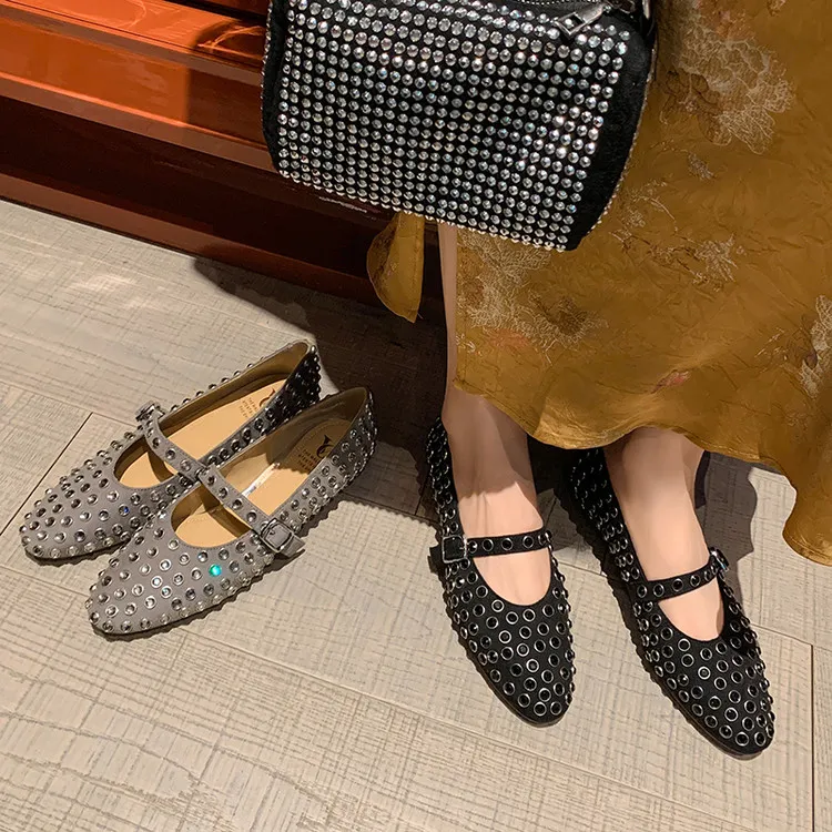 时尚复古2025春季真皮浅口单鞋平底水钻百搭女鞋软底一字带玛丽珍