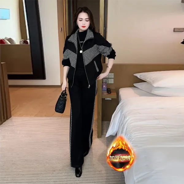 高级感时尚洋气减龄加绒套装女秋冬季新款拼接短外套小个子保暖两