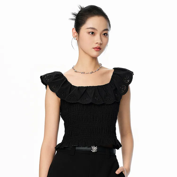 【褶皱瘦瘦衫】甜美修身衬衫镂空小飞袖黑色短款DOUBLOVE贝爱夏季