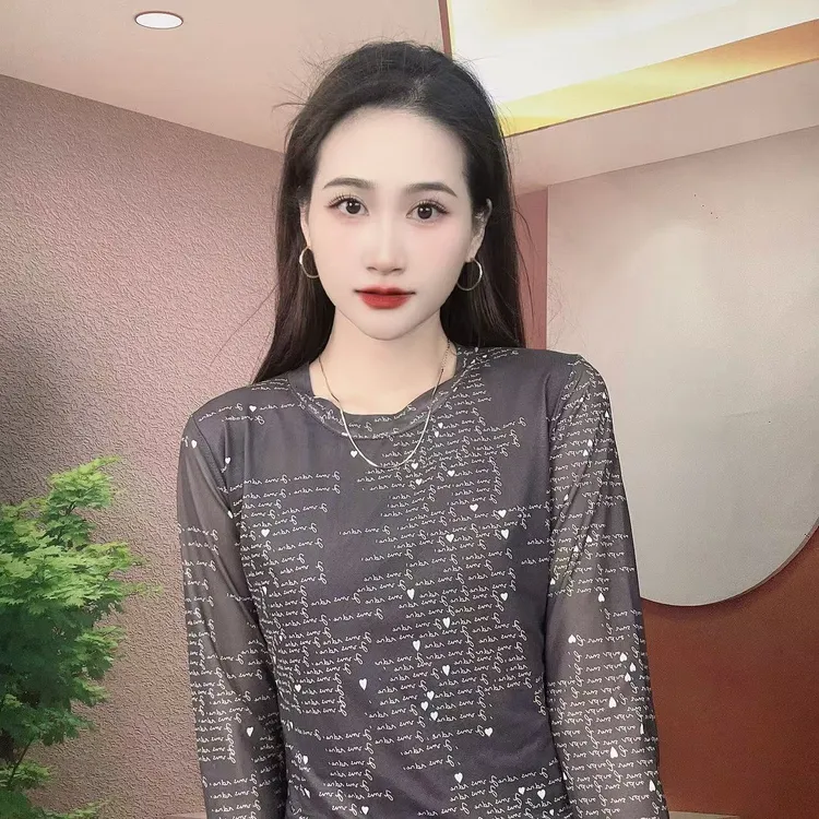 2025夏季新款长袖圆领肌肤纱时尚显瘦印花T恤上衣A239