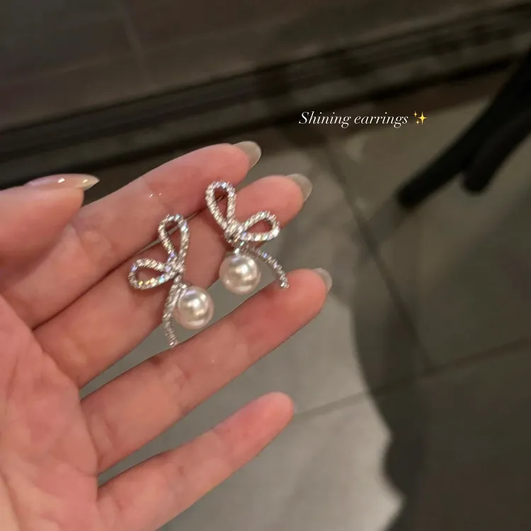 法式满钻蝴蝶结仿珍珠耳钉女925银针轻奢高级感新款耳环耳饰1325