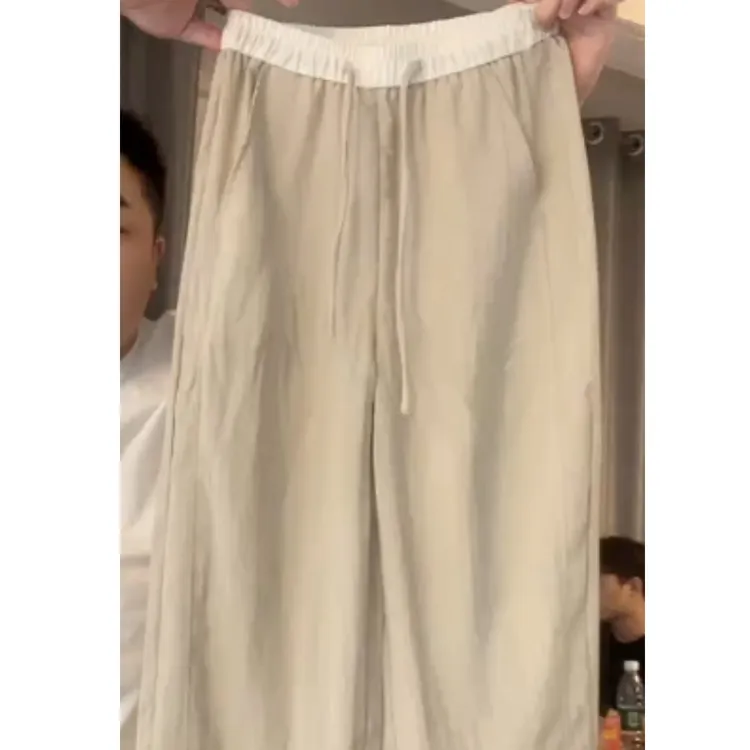 2025夏季新款高腰显瘦大码阔腿显瘦休闲亚麻撞色弯刀裤