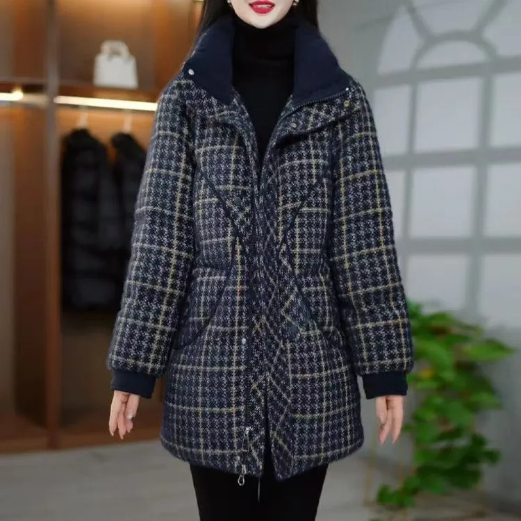 冬季加厚中长款棉服妈妈格子百搭女装外套2025新款冬中年女士棉袄