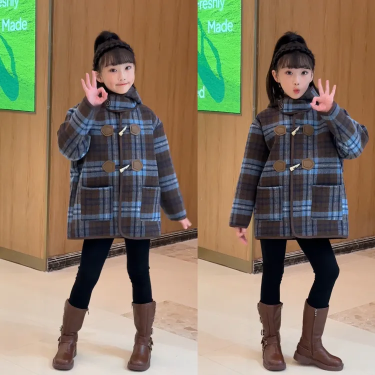 女童冬季外套3-13岁女孩加绒保暖格子毛呢大衣110-170（价格已开）