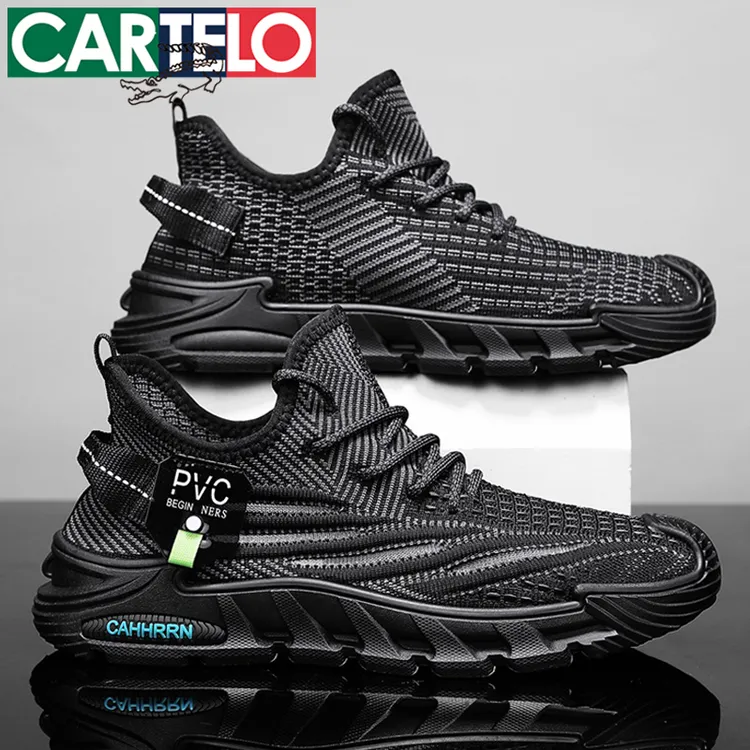 CARTELO/卡帝乐鳄鱼纯色飞织跑步耐磨透气夏季网面鞋男圆头休闲YG