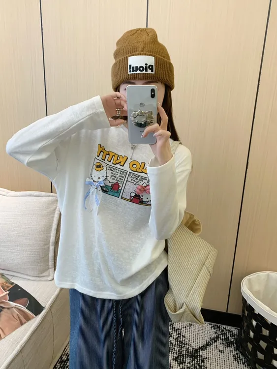 猫鼠熊精选漫画KT猫印花圆领长袖T恤白色打底衫上衣韩系百搭减龄