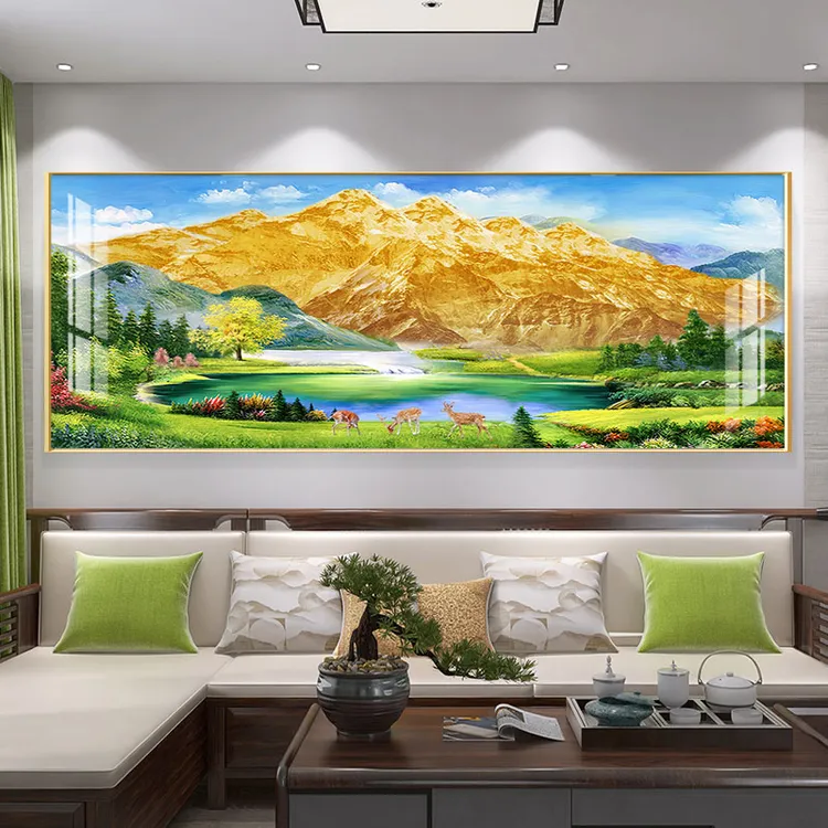 背靠金山大白墙挂画聚宝盆山水客厅装饰画茶室招财沙发背景墙壁画