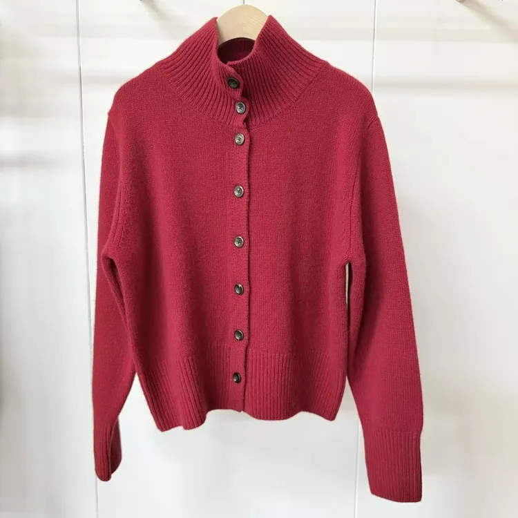 秋冬新款高定女士羊毛衫短款外套气质高领百搭优雅可翻领羊毛开衫