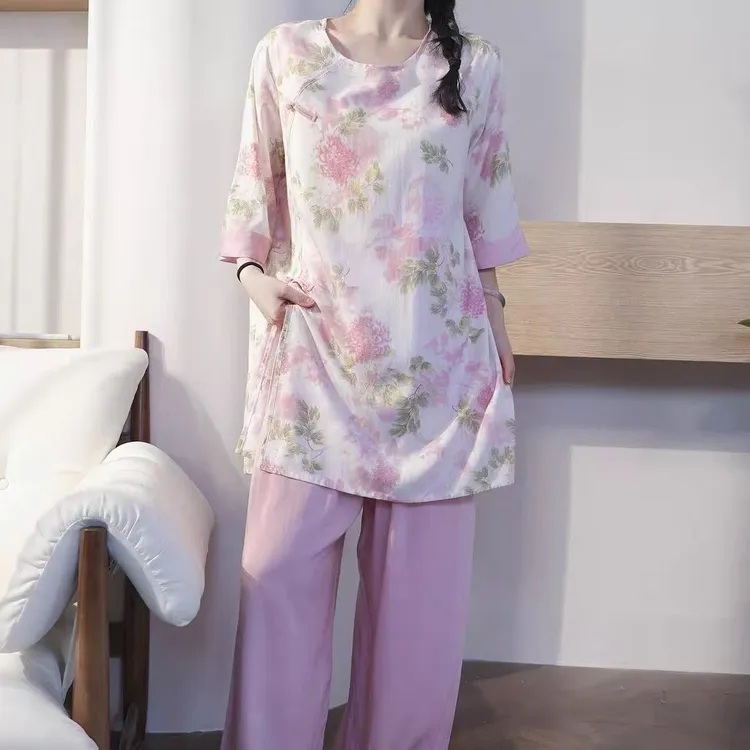 Racekish金粉世家新中式国风套装睡衣女夏季可外穿开叉复古家居服