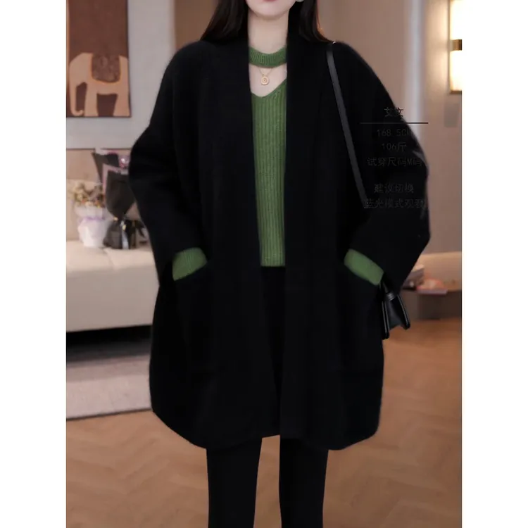 时尚慵懒气质百搭中长款针织开衫外套女2025冬季新款宽松保暖毛衣