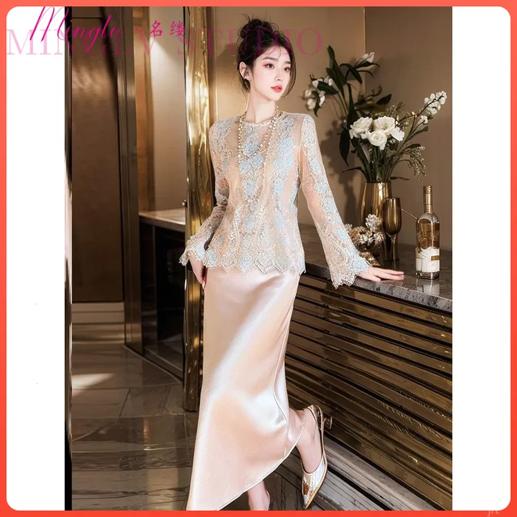 优雅名媛礼服裙2025年秋季长袖蕾丝上衣千金风吊带裙两件套连衣裙
