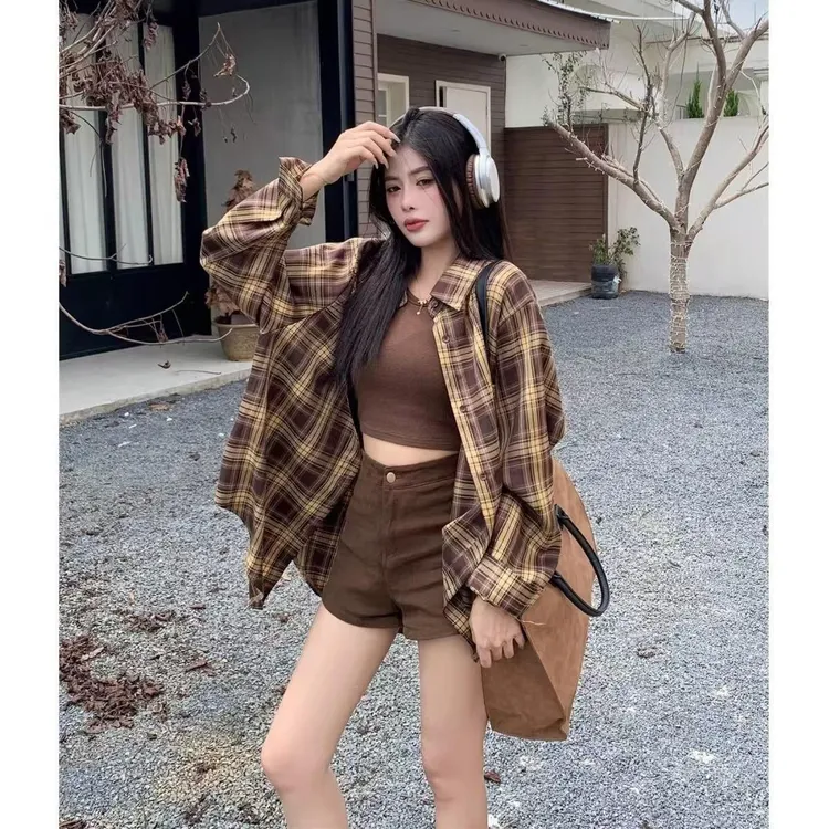 美式街头开衫格子衬衫女装秋季中长款ins潮流休闲外套上衣
