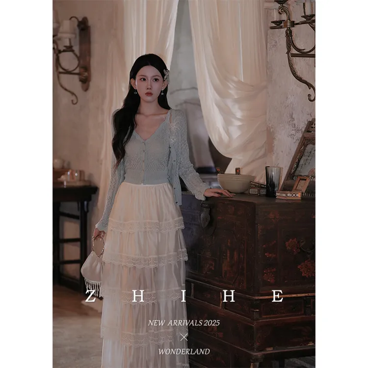 无艳一禾【薄雾蓝楹】莱赛尔亚麻针织吊带+针织衫+半裙