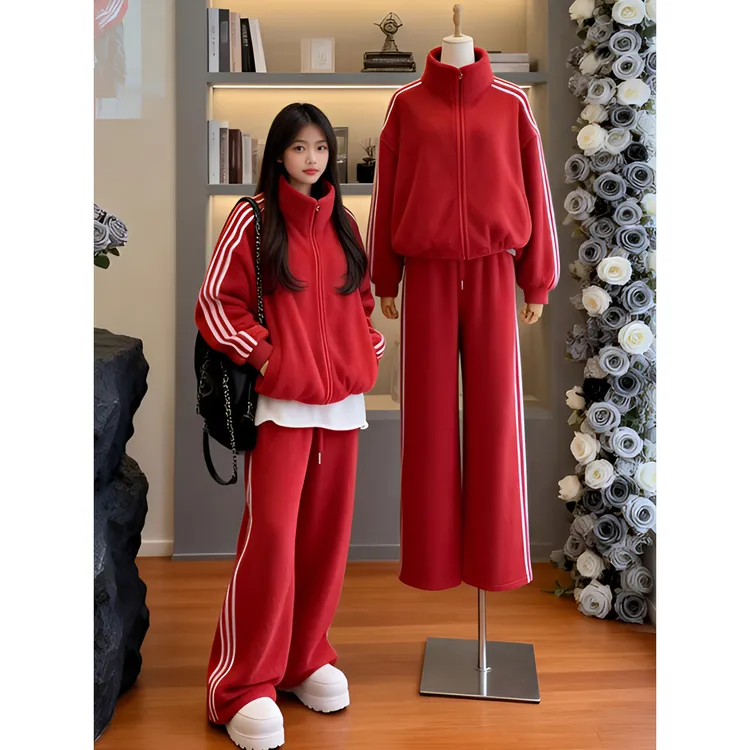 设计感撞色拼接三条杠外套高腰直筒阔腿裤女2025冬季新款气质套装