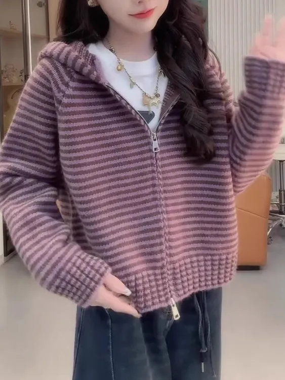 慵懒感紫色条纹针织毛衣女2025早秋新款百搭宽松显瘦甜美气质上衣