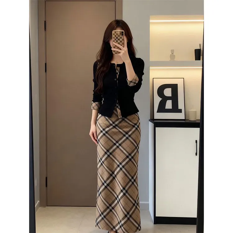 韩系通勤套装女冬季设计感撞色拼接长袖开衫时尚百搭格纹半身长裙