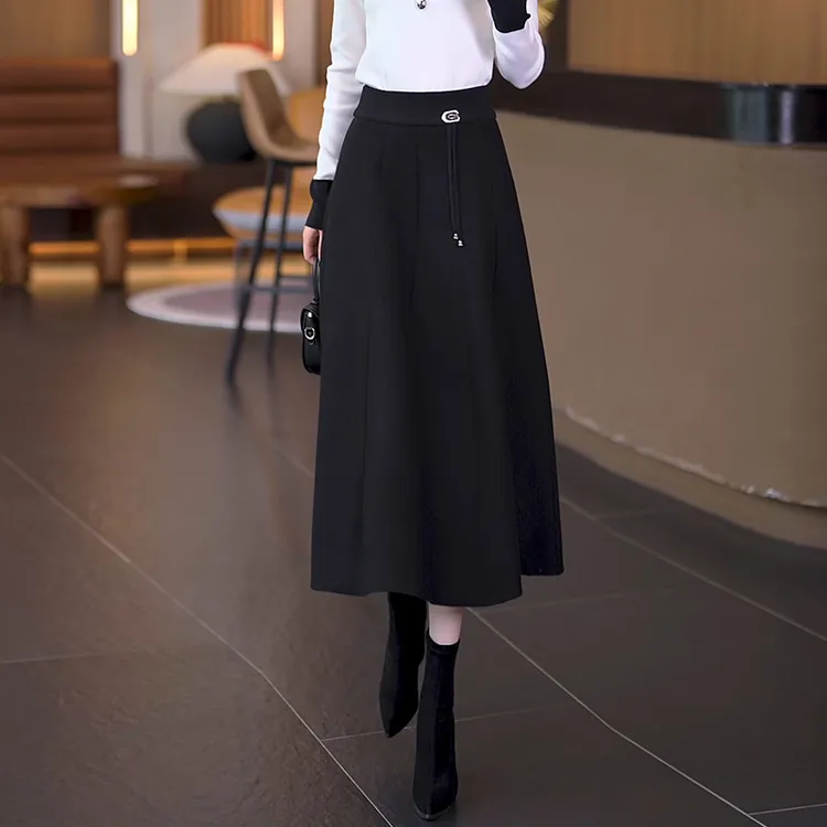 拉夏贝尔中长裙a字裙百搭百褶裙伞裙黑色摆裙女2025显瘦半身裙子