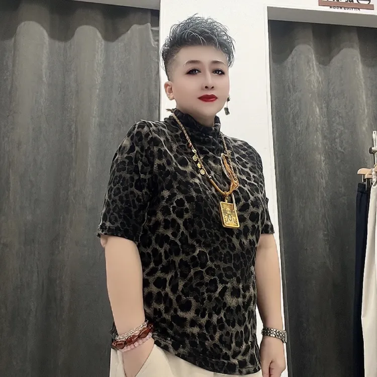 秋季新款大码女半高领豹纹短袖恤女弹力法式上衣内搭T恤修身t恤衫