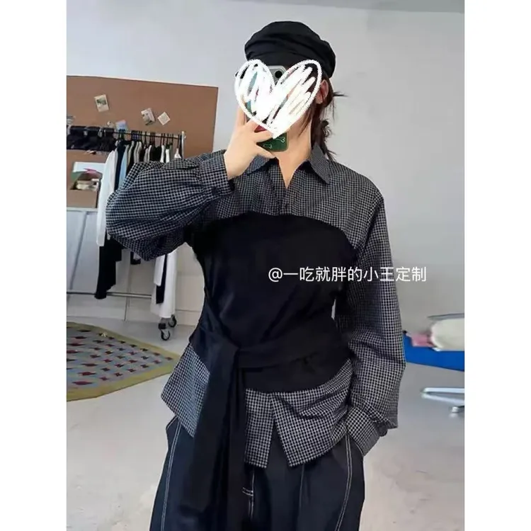 【小王家】时尚套装长袖格子绑带拼接秋季成人衬衫休闲上两件套