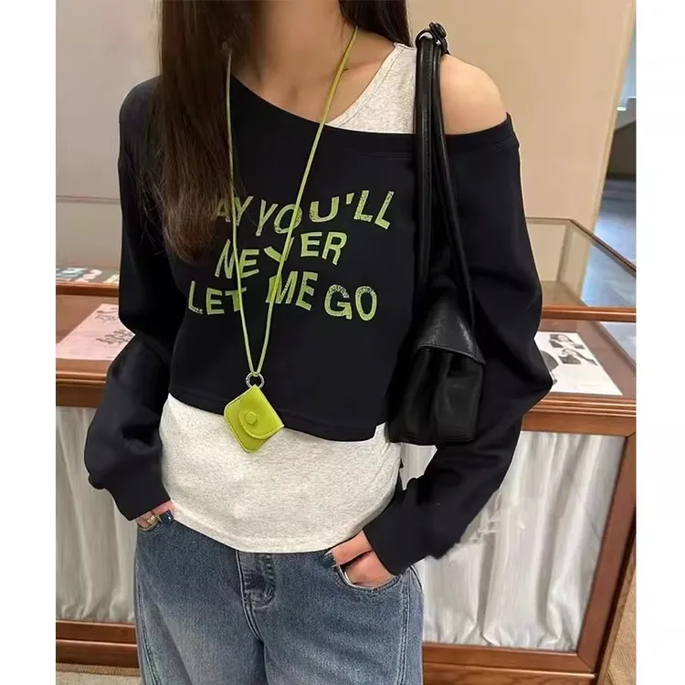 假两件拼接斜领长袖卫衣女2025秋季新款韩版时尚字母洋气百搭上衣