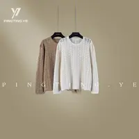 PINGTING.YE韩系圆领钩花镂空宽松慵懒风针织上衣PT1242
