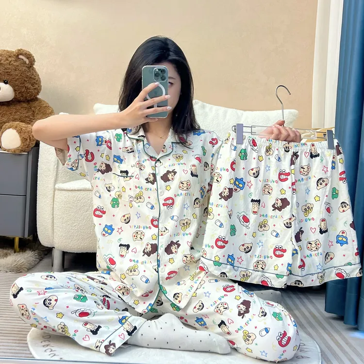 【蜡笔小新】家居服2026新款爆款大码夏季睡衣带胸垫女款套装家居服