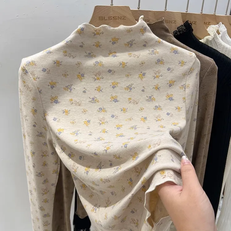 木耳边高级感半高领打底衫女春秋内搭2025年新款上衣碎花长袖t恤