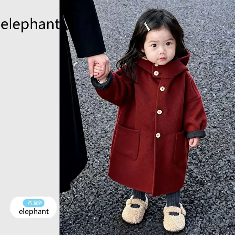童装女童外套冬款2025新款双面穿呢子大衣儿童中长款加厚年服战袍