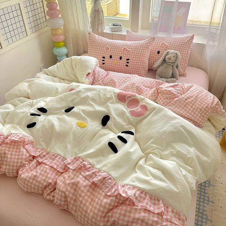 少女粉格子猫咪花边床单床笠四件套被套床罩学生宿舍三件套非纯棉