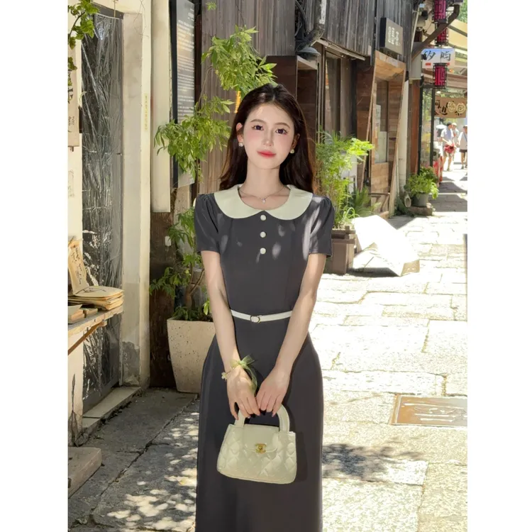 【名伶千金】LiLi高智风格雷系高级感灰色气质长款连衣裙XMZH7958